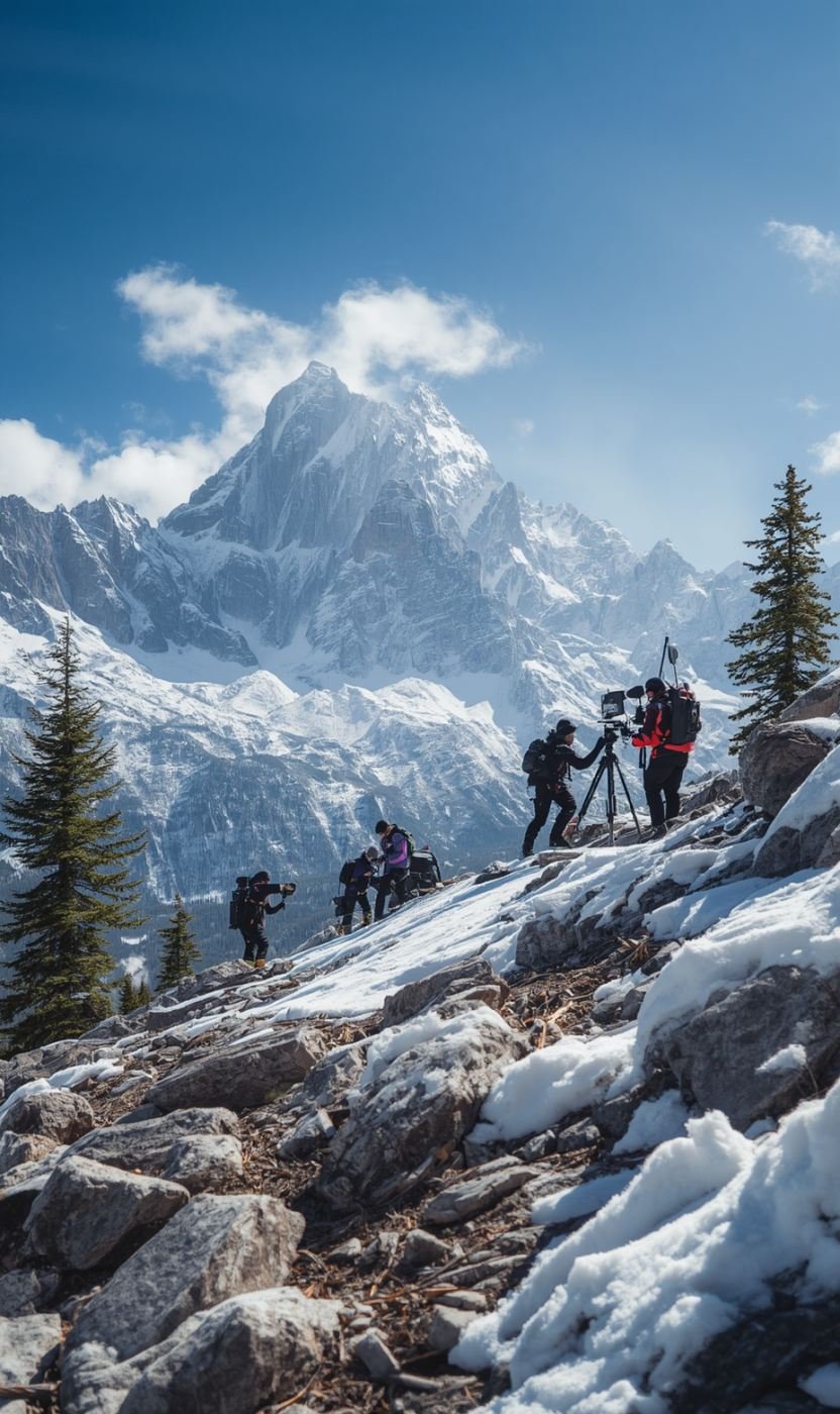 Equipo de rodaje trabajando con cámara sobre roca y nieve en alta montaña — Skadi